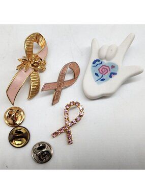 Breast Cancer Ribbon Pins & Decorative Hand Pin With Floral Details Lot of 4